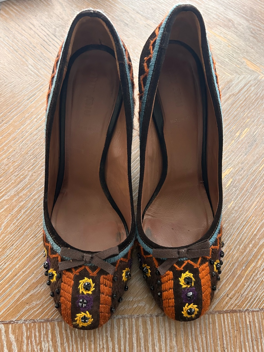 Miu Miu Dark Brown Suede Embroidered Beaded Block Heels Pumps EU 40 / US 10